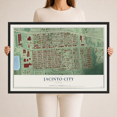 Map of Jacinto City, Texas, 24 x 36 inch print in a black wood frame