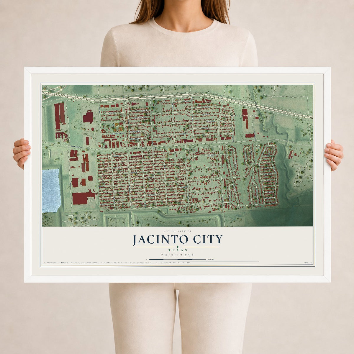 Map of Jacinto City, Texas, 24 x 36 inch print in a white wood frame