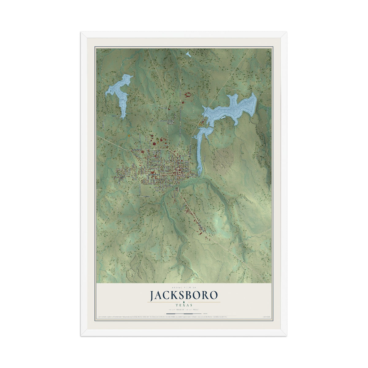 Map of Jacksboro, Texas, 12 x 18 inch print in a white wood frame
