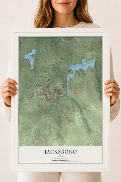 Map of Jacksboro, Texas, 18 x 24 inch print in a white wood frame