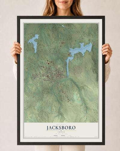 Map of Jacksboro, Texas, 24 x 36 inch print in a black wood frame