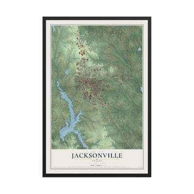 Map of Jacksonville, Texas, 12 x 18 inch print in a black wood frame