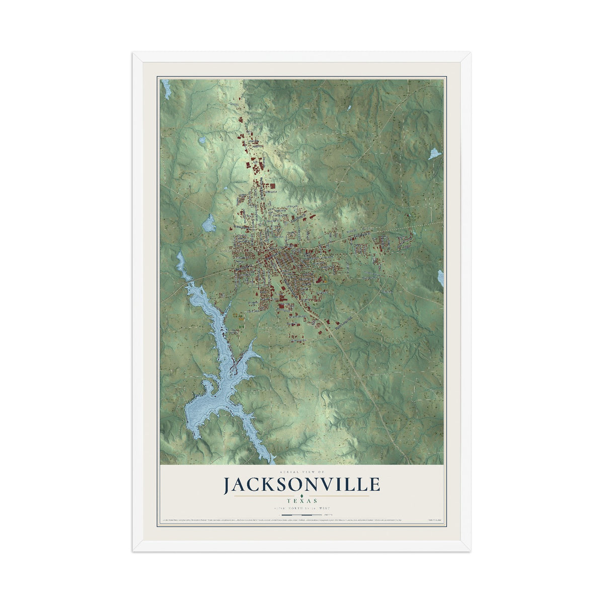 Map of Jacksonville, Texas, 12 x 18 inch print in a white wood frame