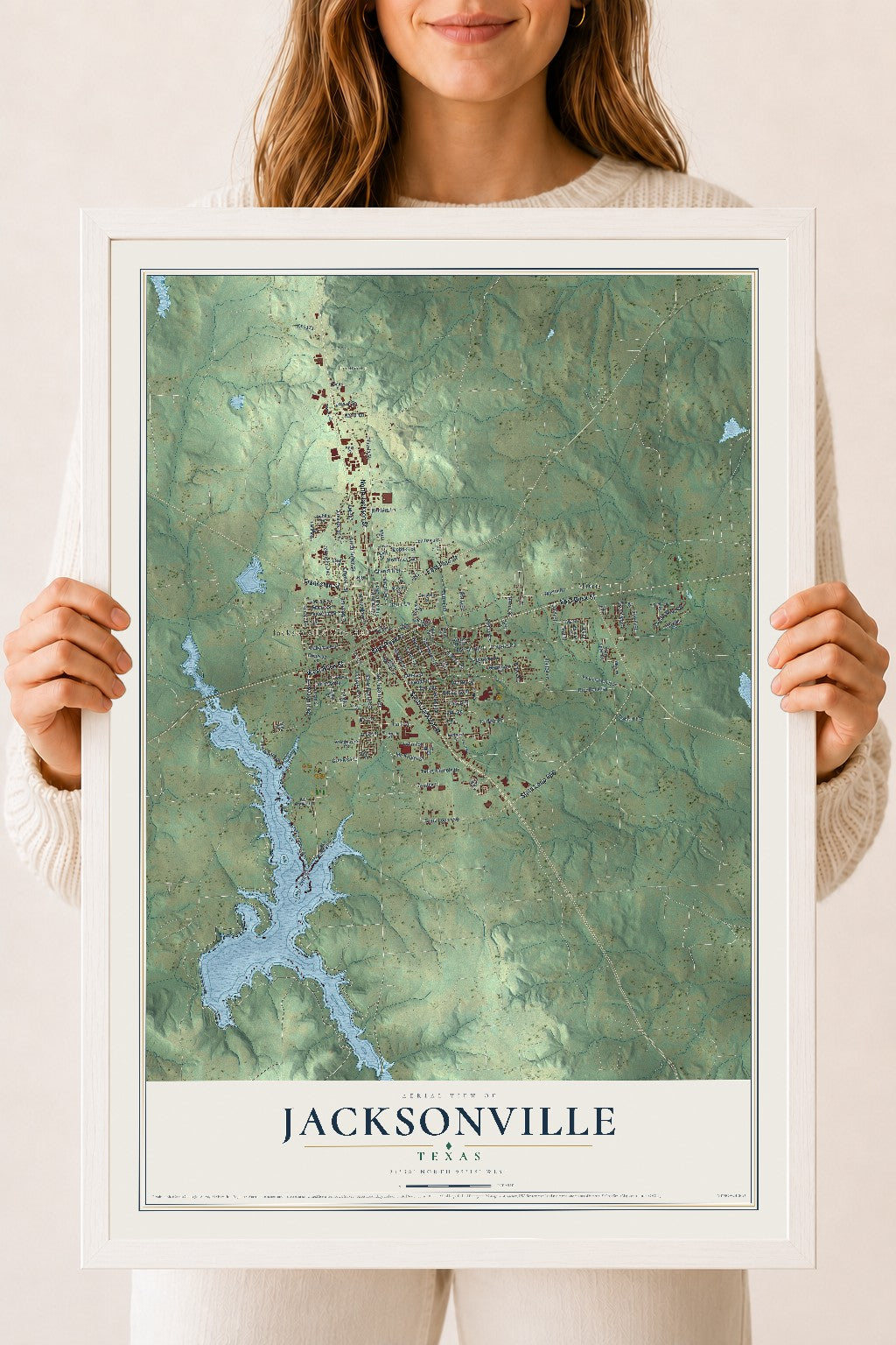 Map of Jacksonville, Texas, 18 x 24 inch print in a white wood frame