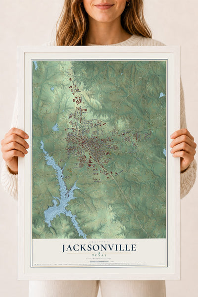 Map of Jacksonville, Texas, 18 x 24 inch print in a white wood frame