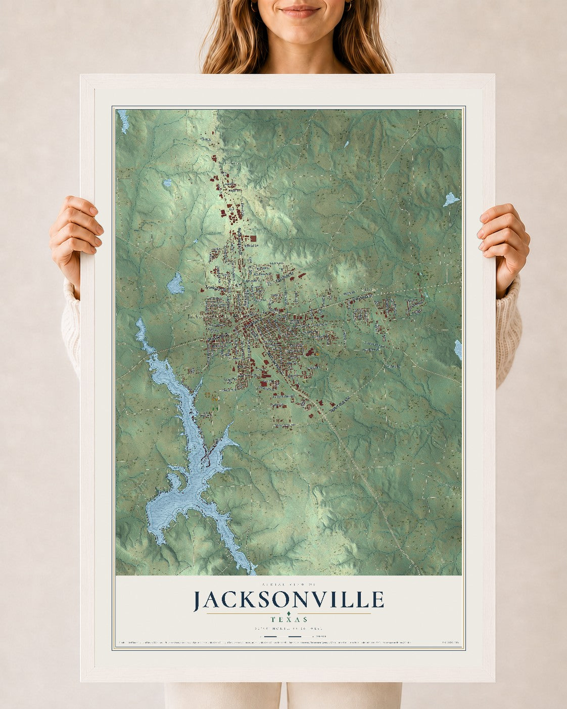 Map of Jacksonville, Texas, 24 x 36 inch print in a white wood frame