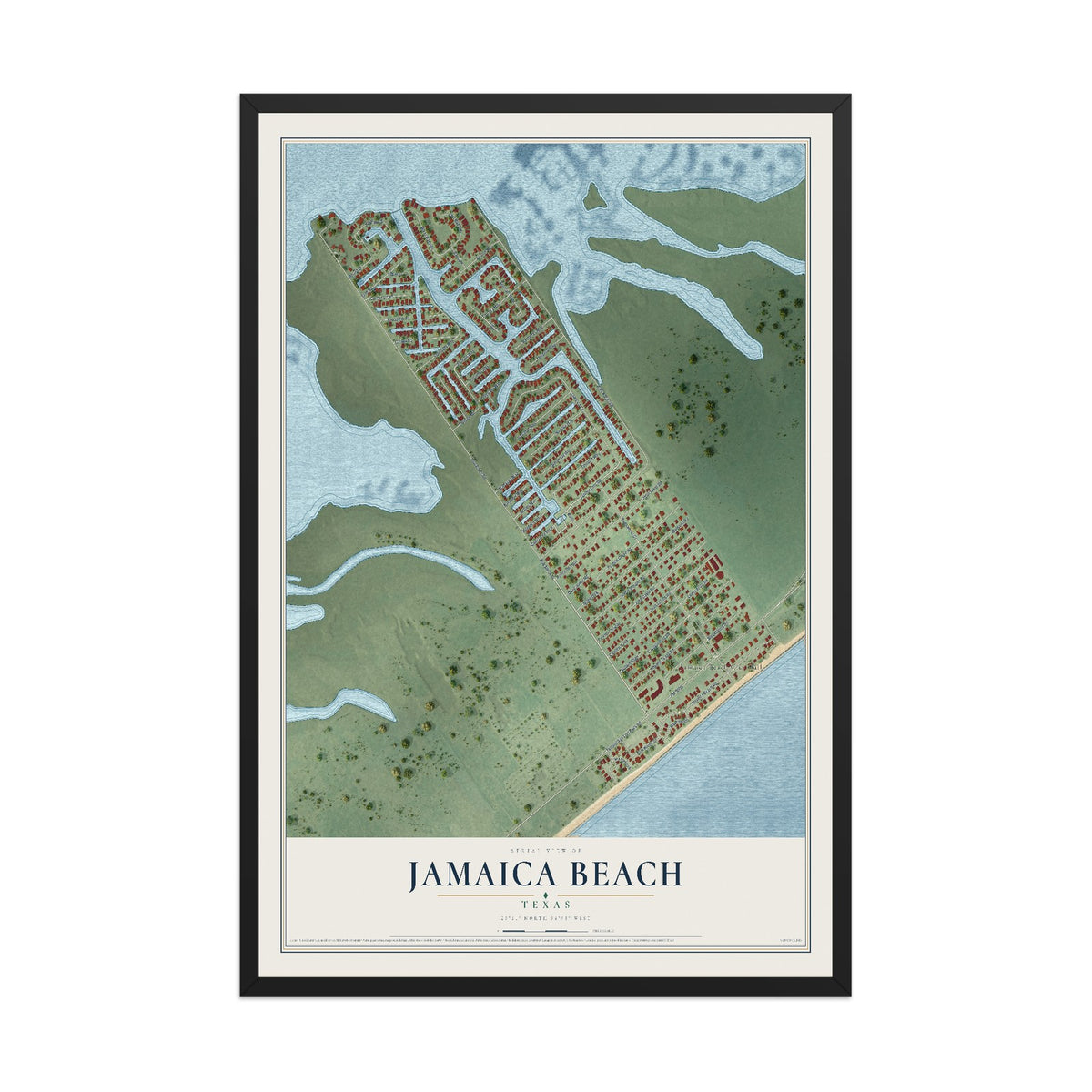 Map of Jamaica Beach, Texas, 12 x 18 inch print in a black wood frame