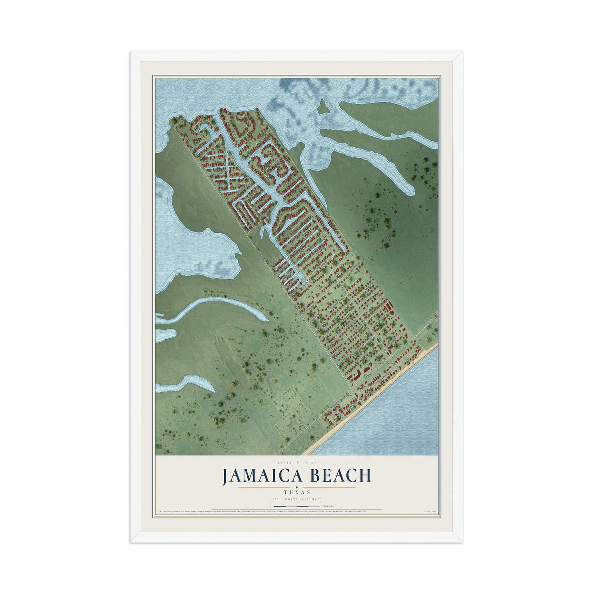 Map of Jamaica Beach, Texas, 12 x 18 inch print in a white wood frame