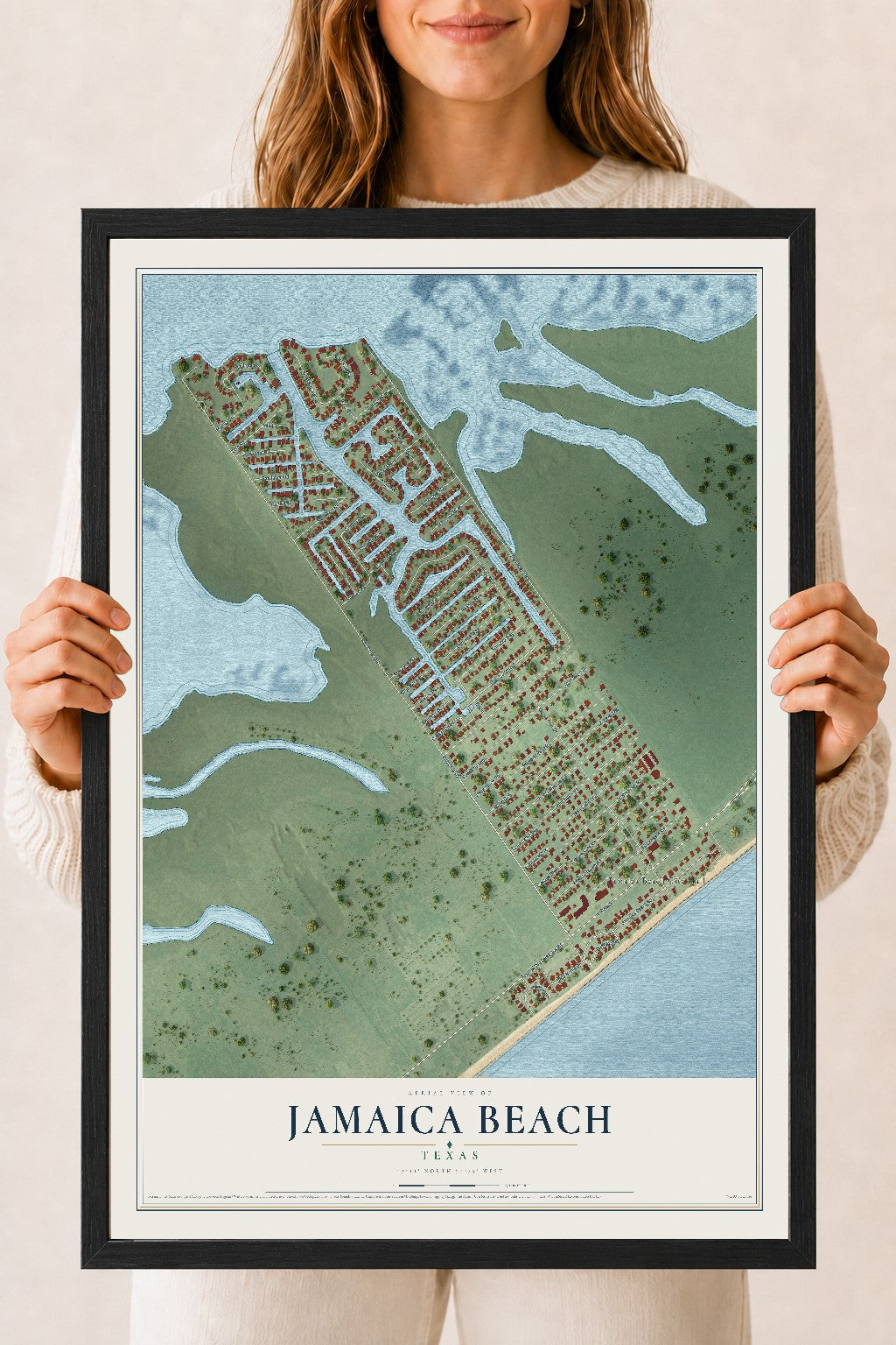 Map of Jamaica Beach, Texas, 18 x 24 inch print in a black wood frame