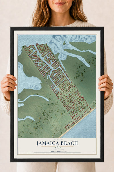 Map of Jamaica Beach, Texas, 18 x 24 inch print in a black wood frame