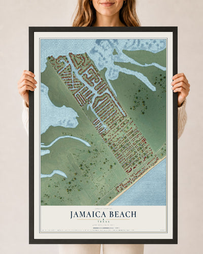 Map of Jamaica Beach, Texas, 24 x 36 inch print in a black wood frame