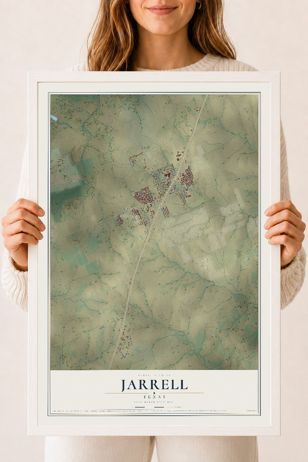 Map of Jarrell, Texas, 18 x 24 inch print in a white wood frame