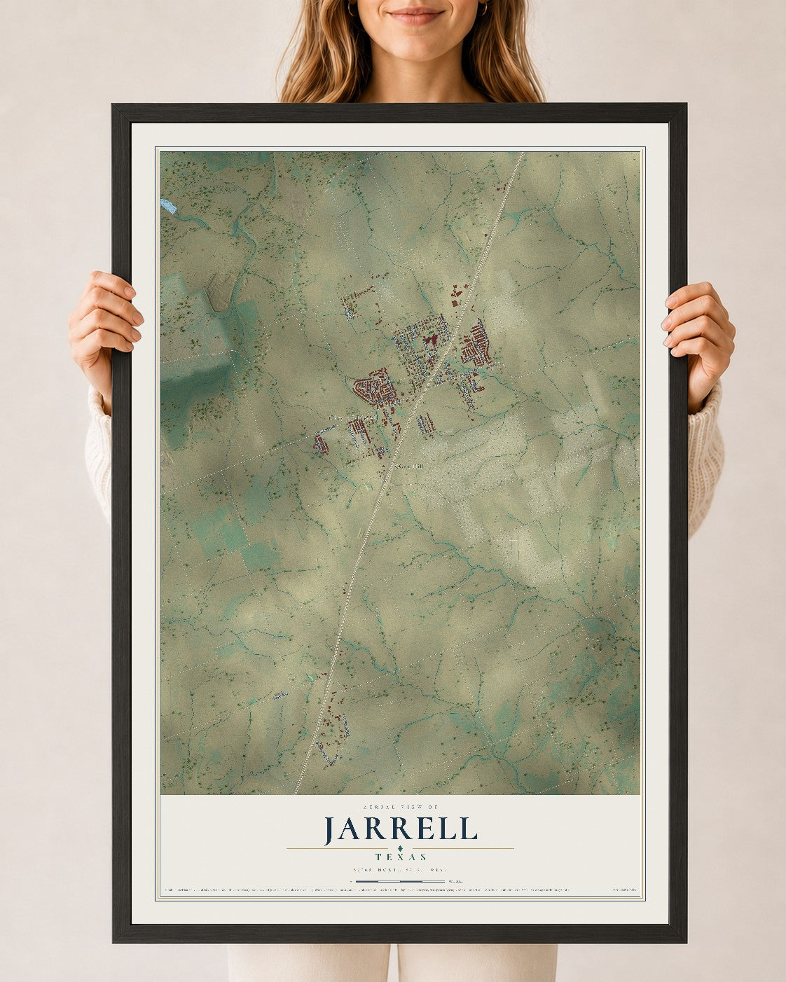 Map of Jarrell, Texas, 24 x 36 inch print in a black wood frame