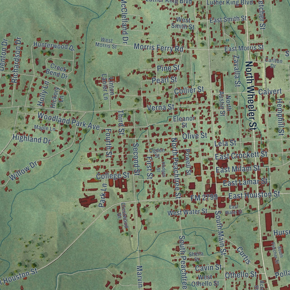 Close-up of the map of Jasper, Texas print showing street and building detail