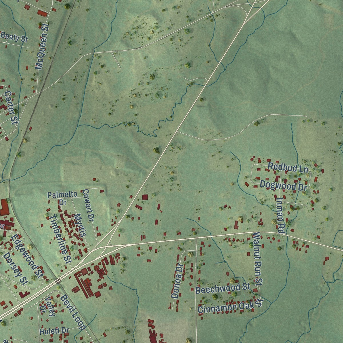 Second close-up of the map of Jasper, Texas print showing more streets and buildings