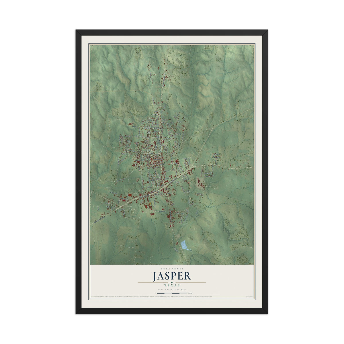 Map of Jasper, Texas, 12 x 18 inch print in a black wood frame
