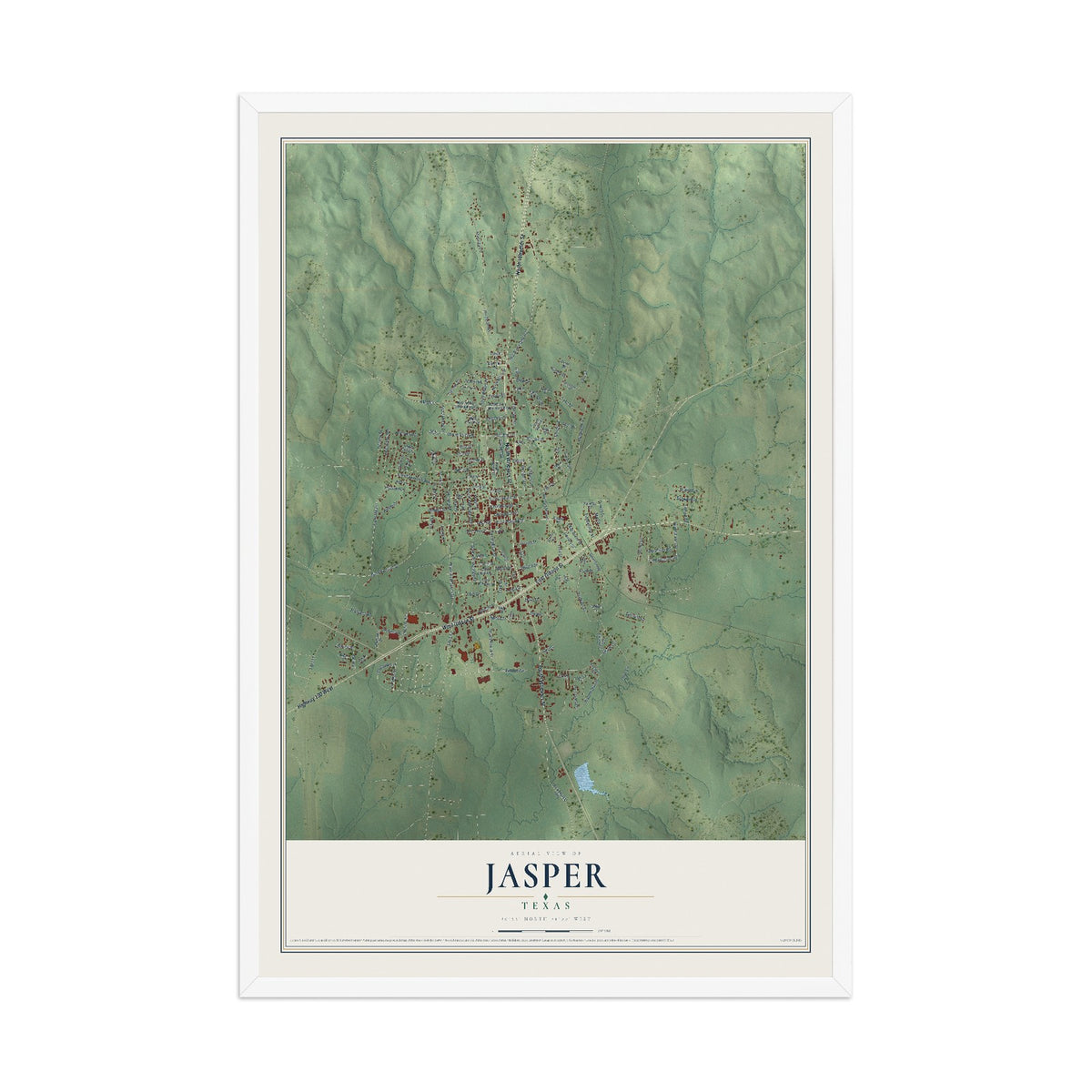 Map of Jasper, Texas, 12 x 18 inch print in a white wood frame
