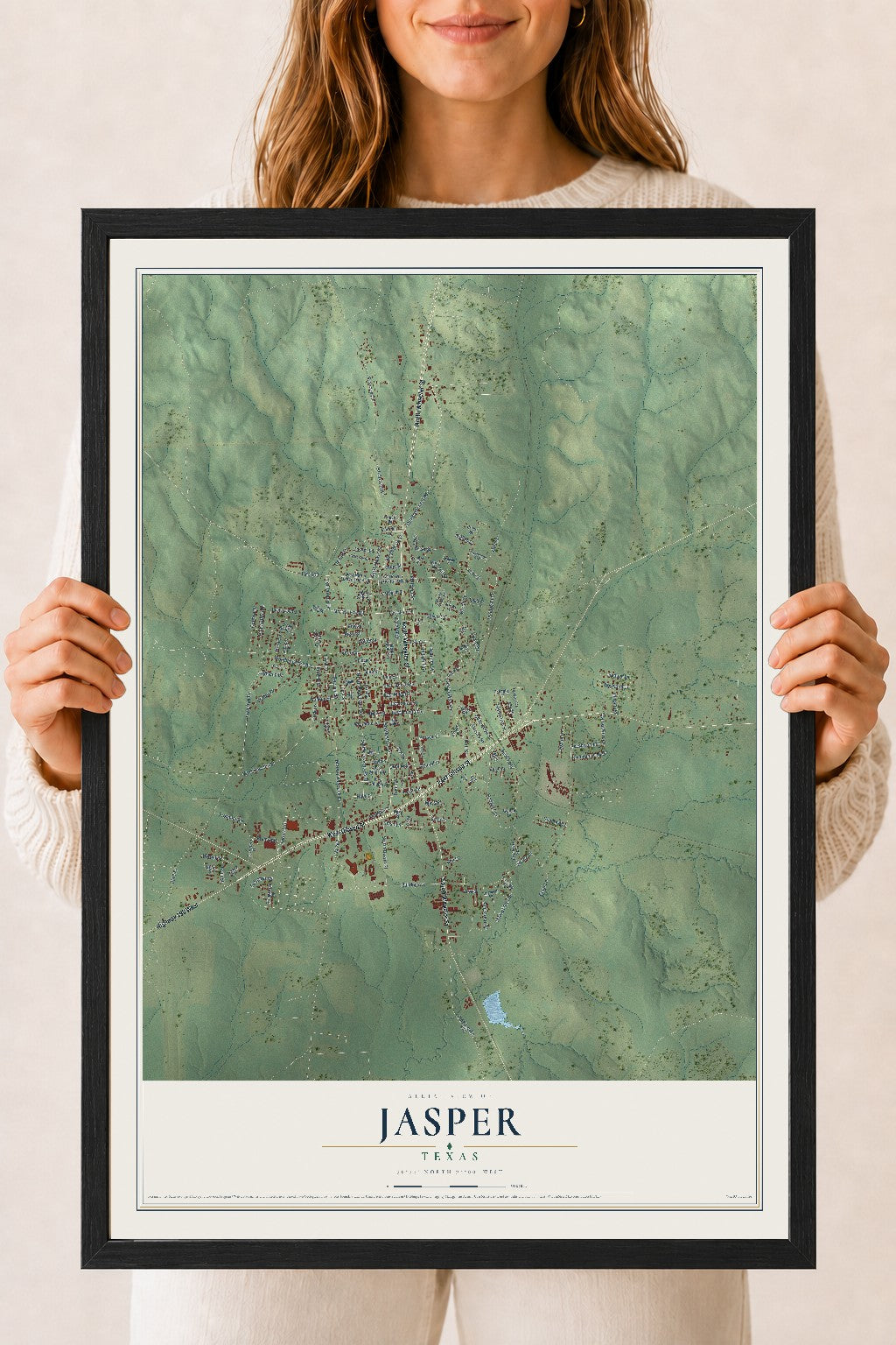 Map of Jasper, Texas, 18 x 24 inch print in a black wood frame