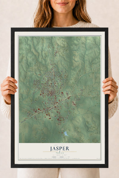 Map of Jasper, Texas, 18 x 24 inch print in a black wood frame