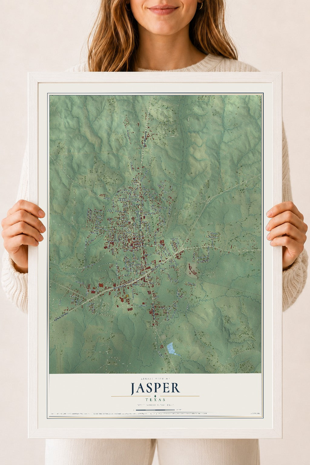 Map of Jasper, Texas, 18 x 24 inch print in a white wood frame