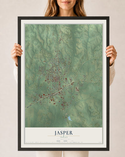 Map of Jasper, Texas, 24 x 36 inch print in a black wood frame