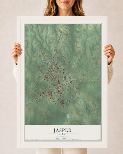 Map of Jasper, Texas, 24 x 36 inch print in a white wood frame