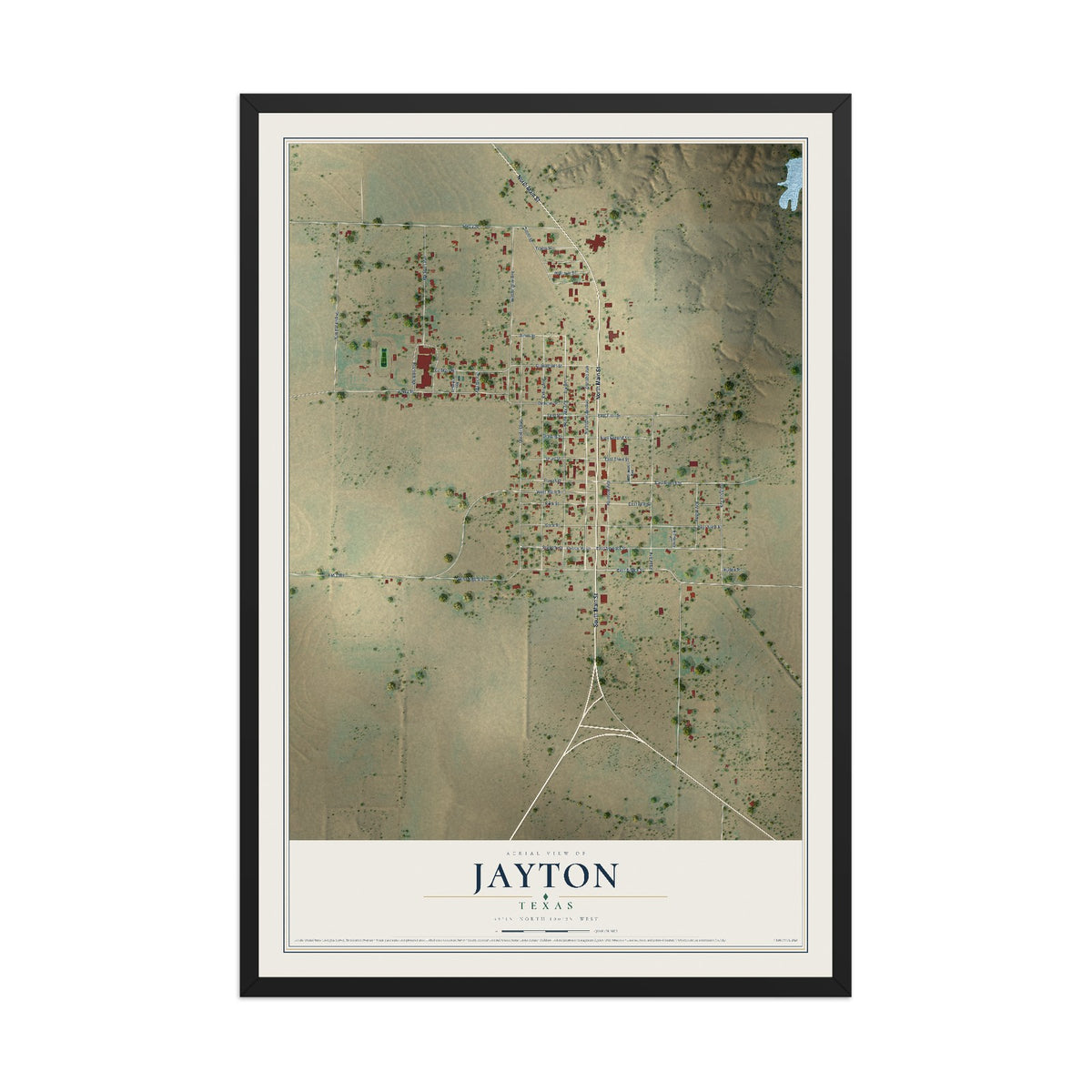 Map of Jayton, Texas, 12 x 18 inch print in a black wood frame