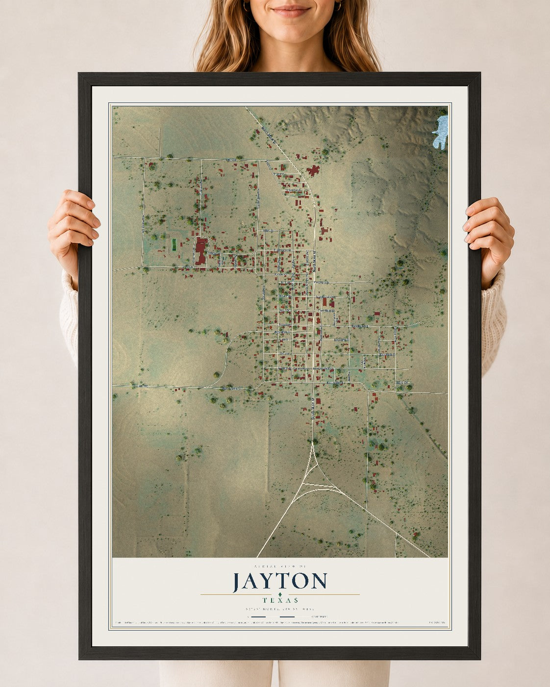 Map of Jayton, Texas, 24 x 36 inch print in a black wood frame