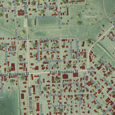 Close-up of the map of Jefferson, Texas print showing street and building detail
