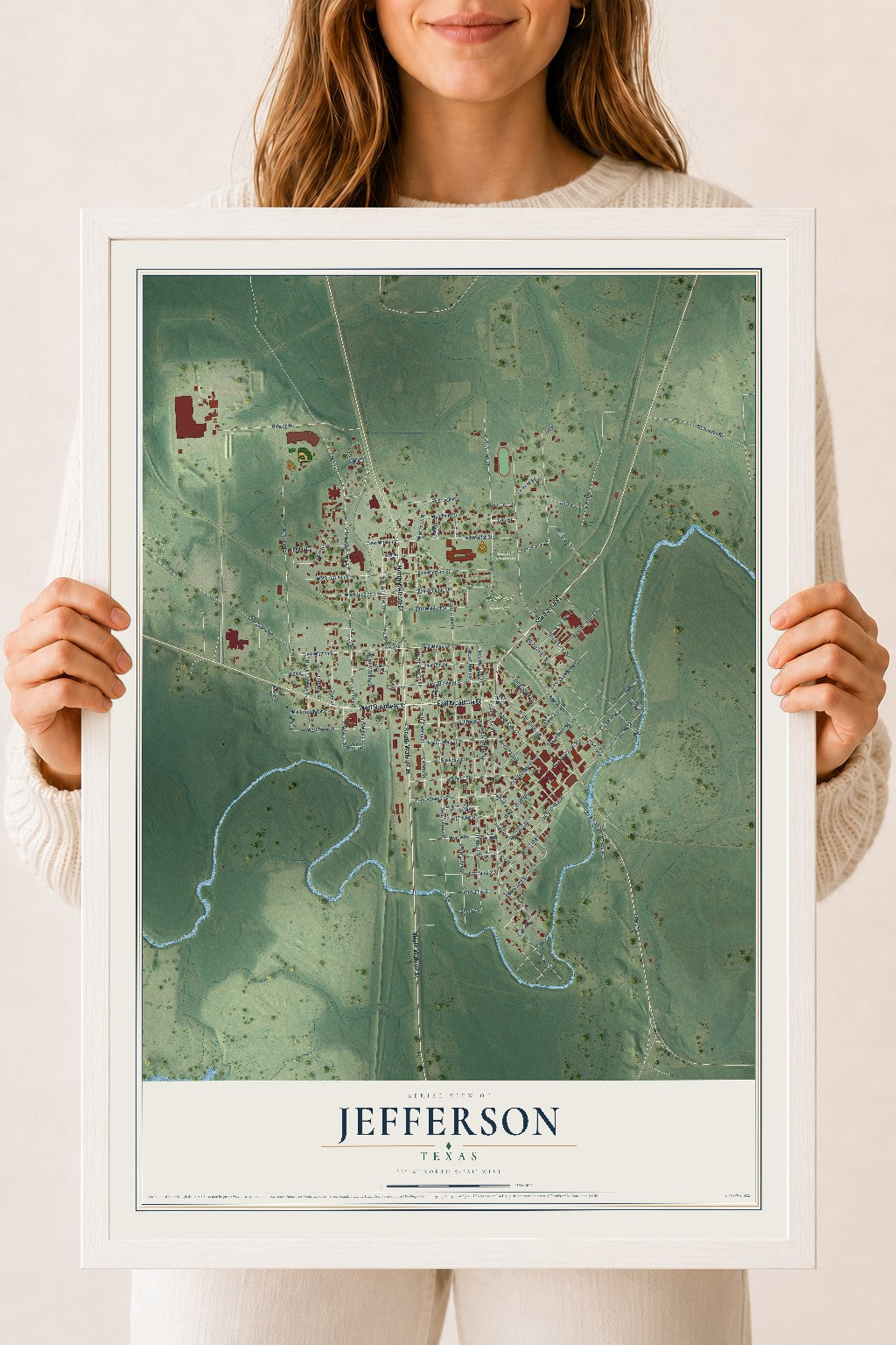 Map of Jefferson, Texas, 18 x 24 inch print in a white wood frame