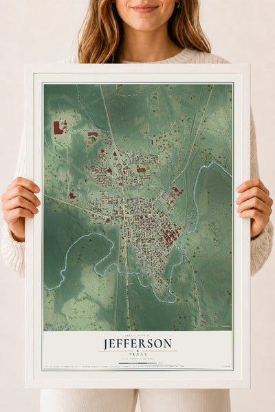 Map of Jefferson, Texas, 18 x 24 inch print in a white wood frame