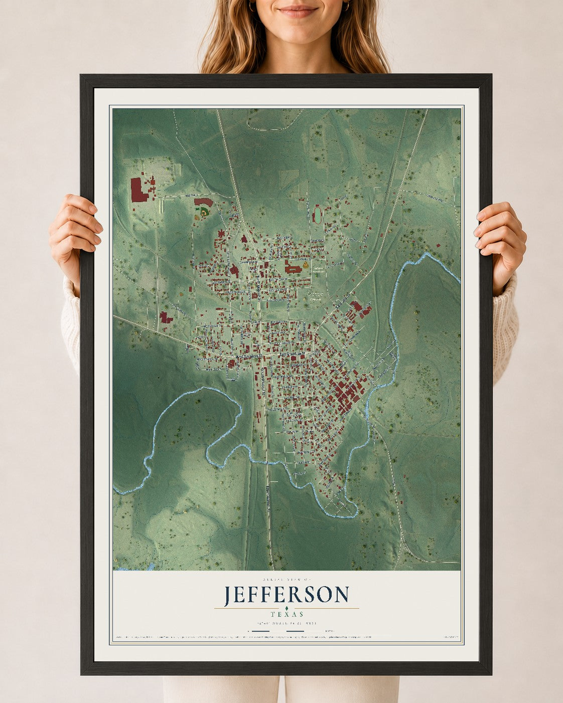 Map of Jefferson, Texas, 24 x 36 inch print in a black wood frame