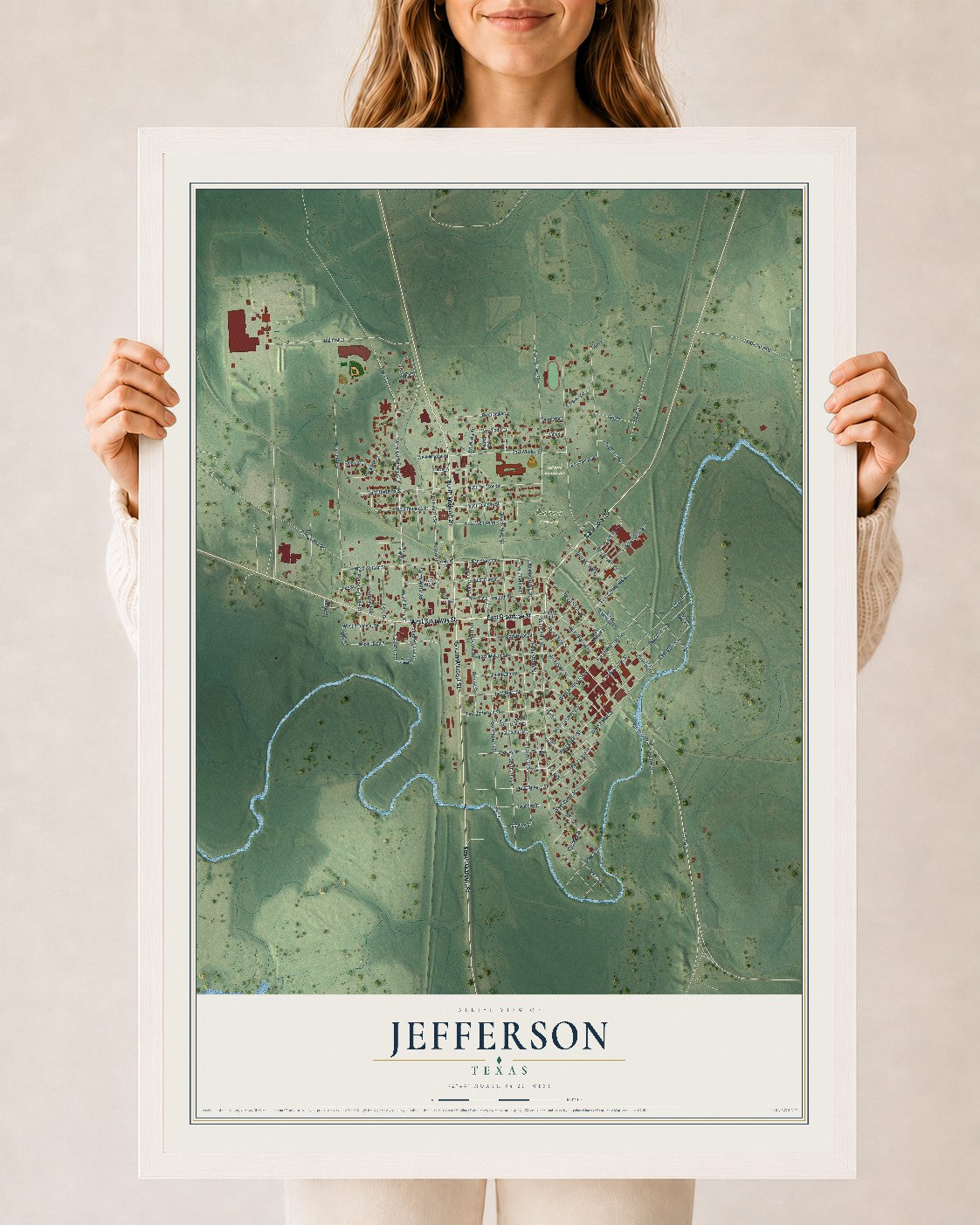 Map of Jefferson, Texas, 24 x 36 inch print in a white wood frame