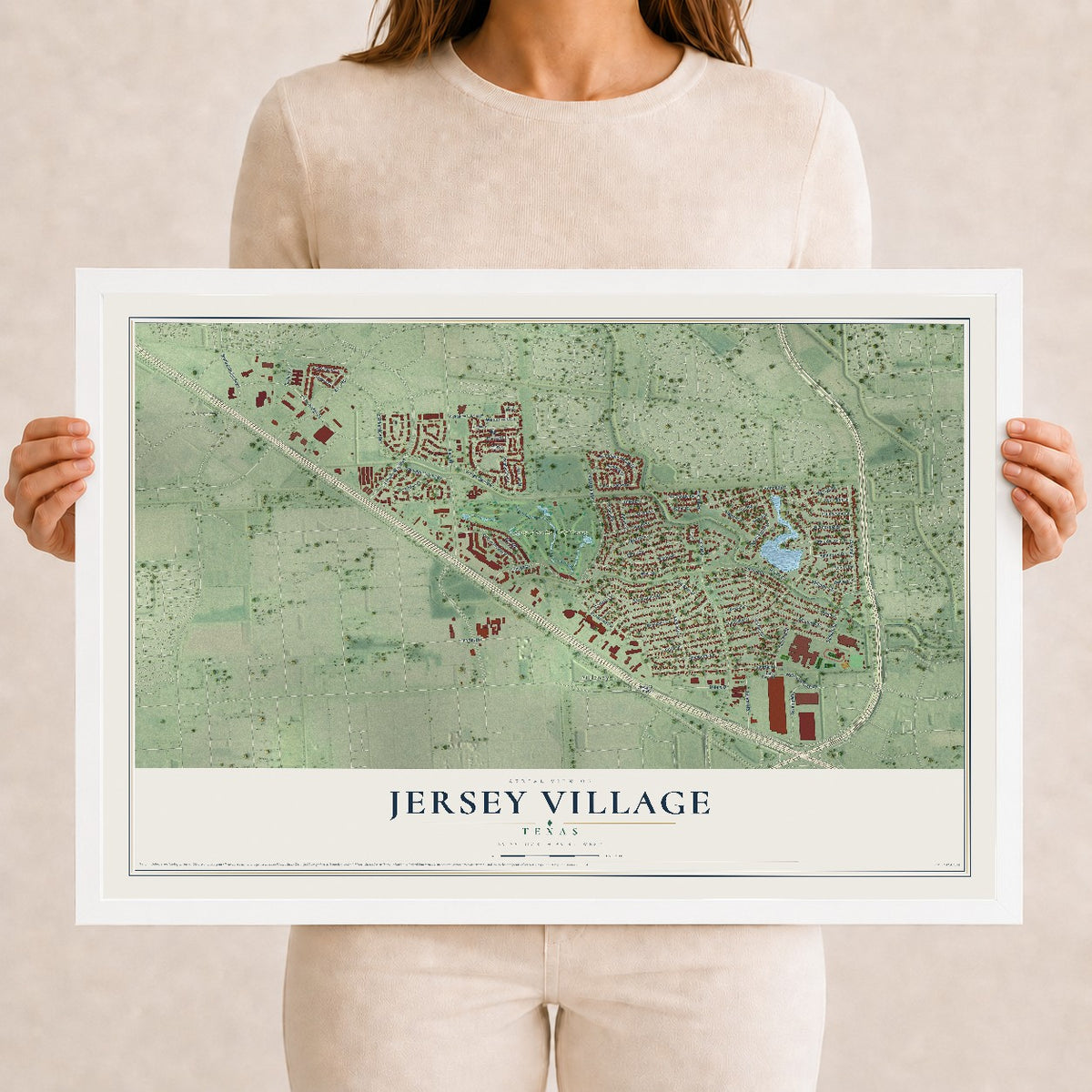 Map of Jersey Village, Texas, 12 x 18 inch print in a white wood frame