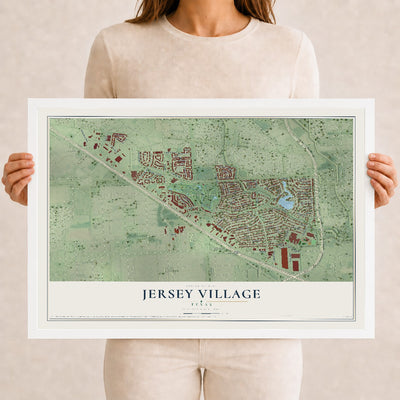Map of Jersey Village, Texas, 12 x 18 inch print in a white wood frame