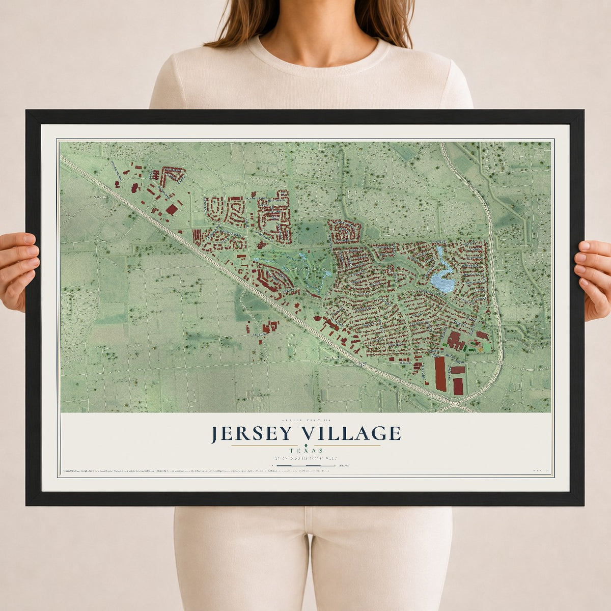 Map of Jersey Village, Texas, 18 x 24 inch print in a black wood frame