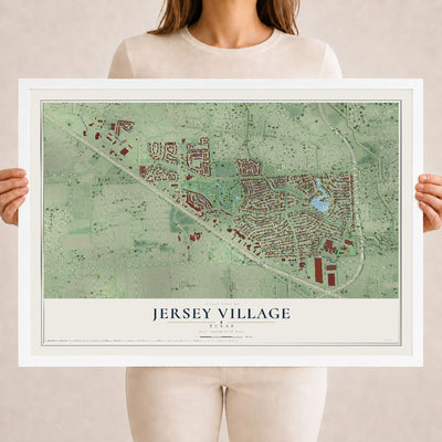 Map of Jersey Village, Texas, 18 x 24 inch print in a white wood frame