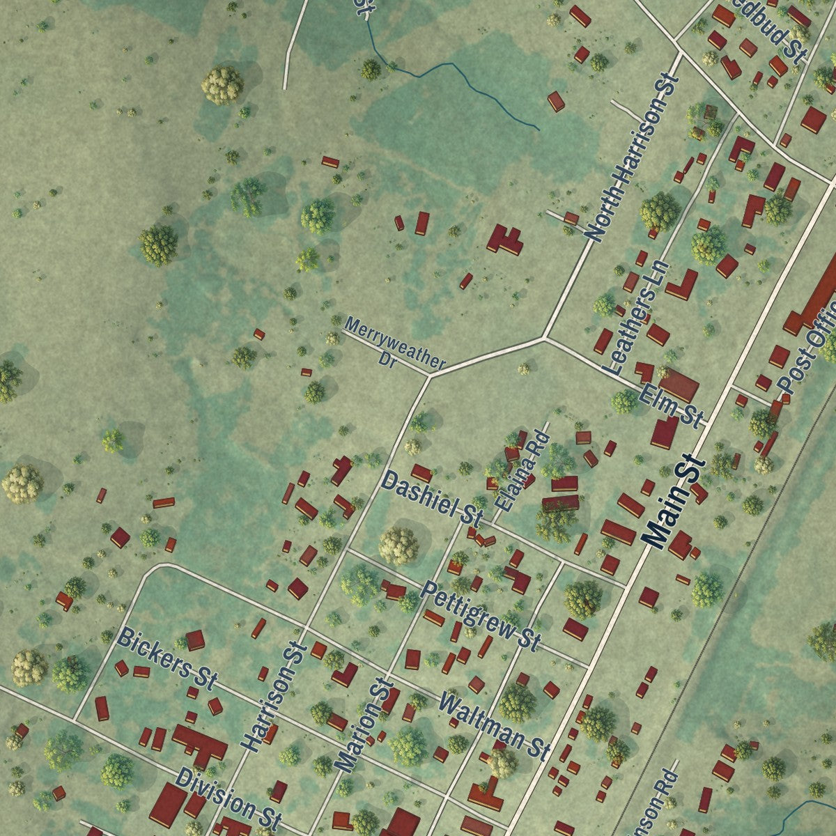 Close-up of the map of Jewett, Texas print showing street and building detail