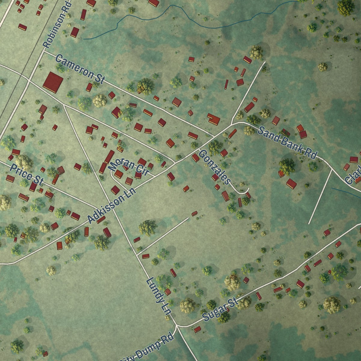 Second close-up of the map of Jewett, Texas print showing more streets and buildings