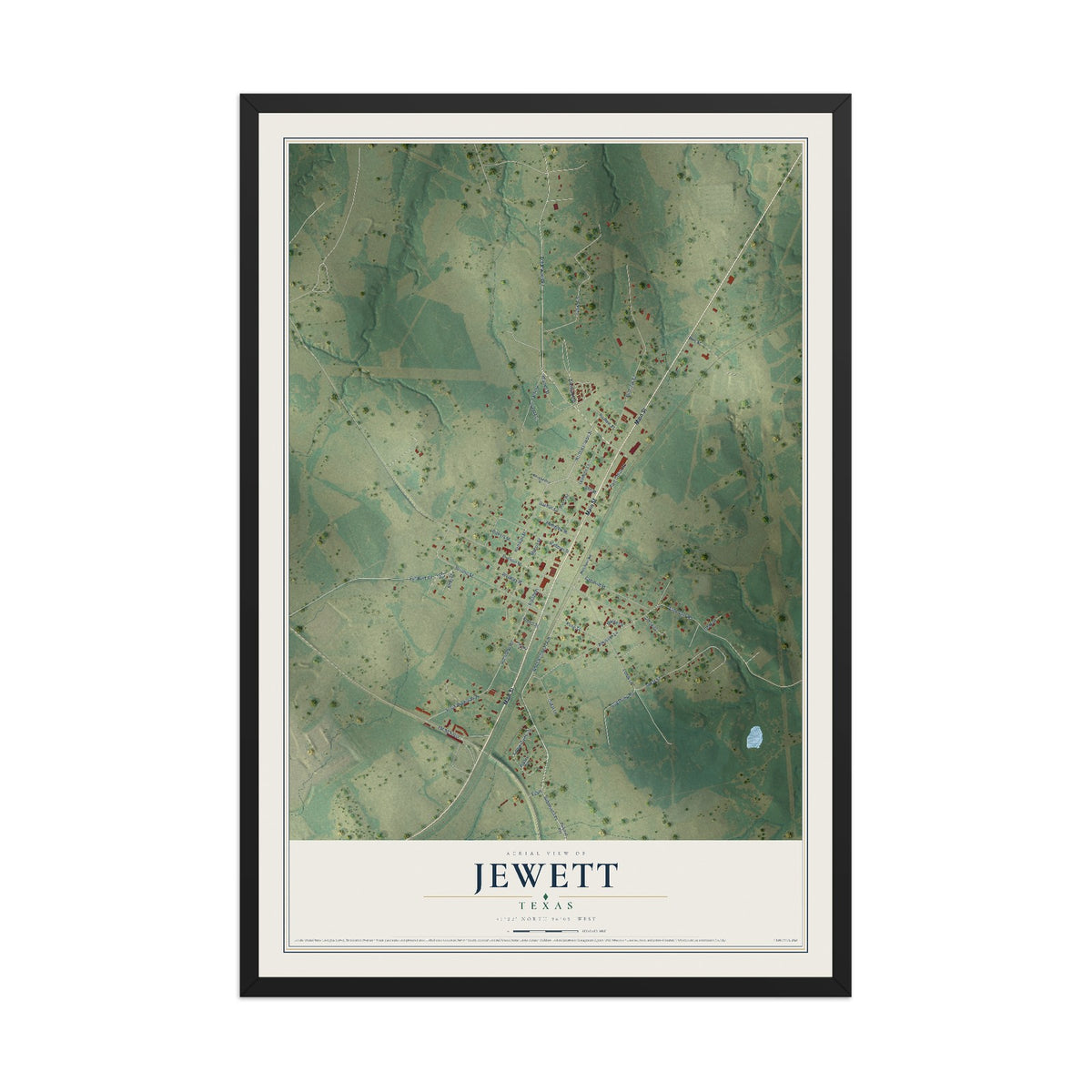 Map of Jewett, Texas, 12 x 18 inch print in a black wood frame