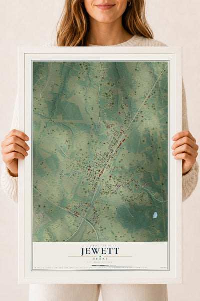 Map of Jewett, Texas, 18 x 24 inch print in a white wood frame