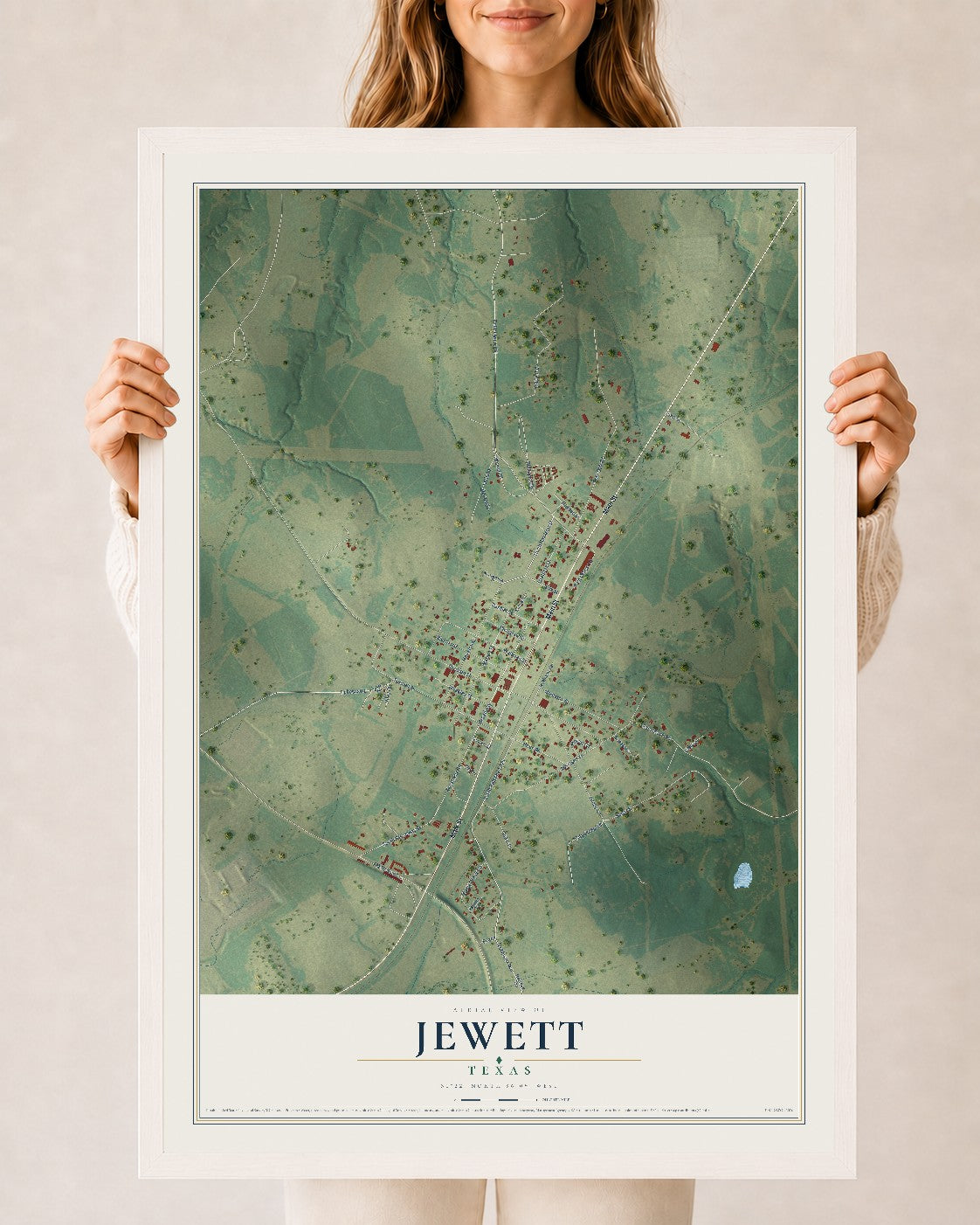 Map of Jewett, Texas, 24 x 36 inch print in a white wood frame