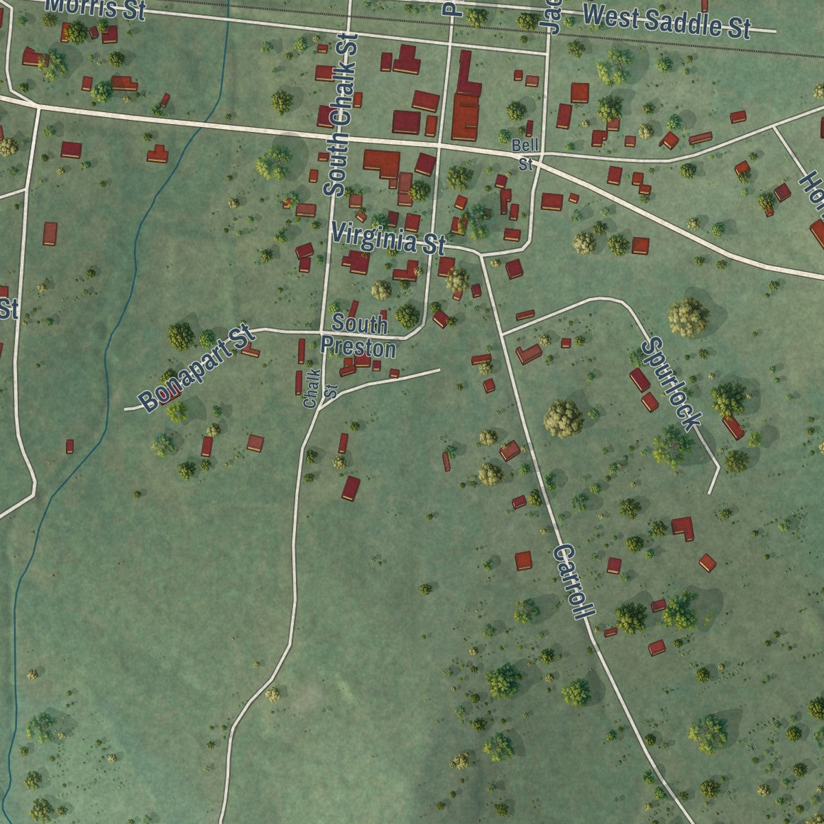 Second close-up of the map of Joaquin, Texas print showing more streets and buildings