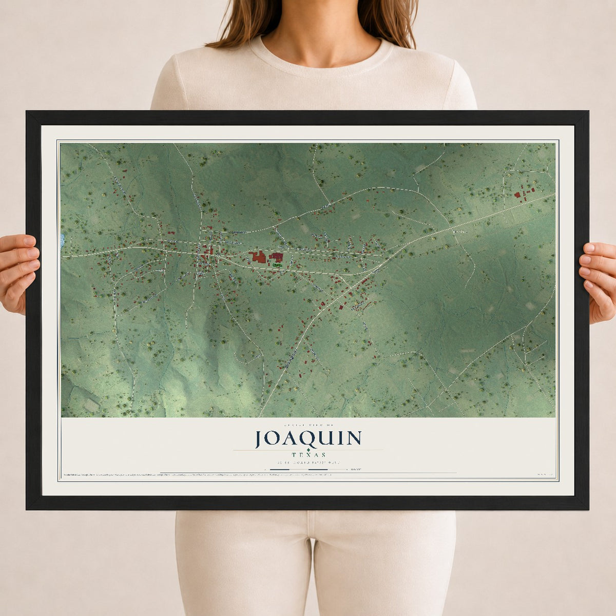 Map of Joaquin, Texas, 18 x 24 inch print in a black wood frame