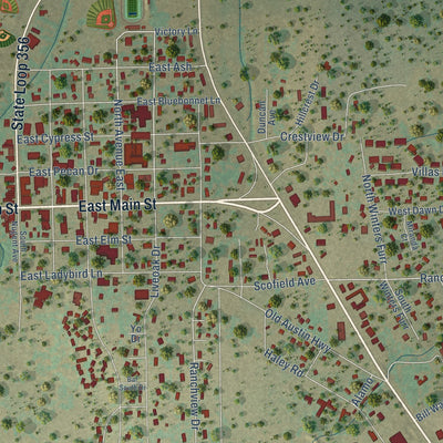 Close-up of the map of Johnson City, Texas print showing street and building detail