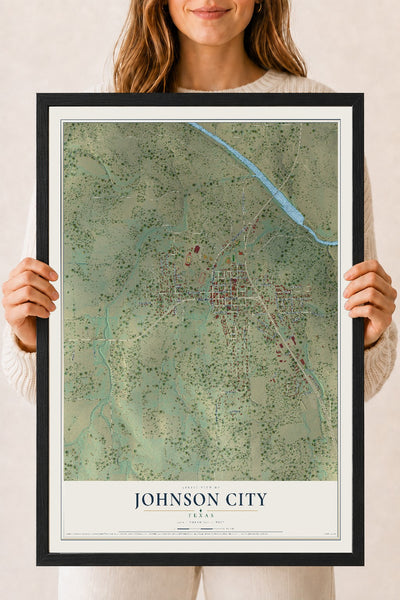 Map of Johnson City, Texas, 18 x 24 inch print in a black wood frame