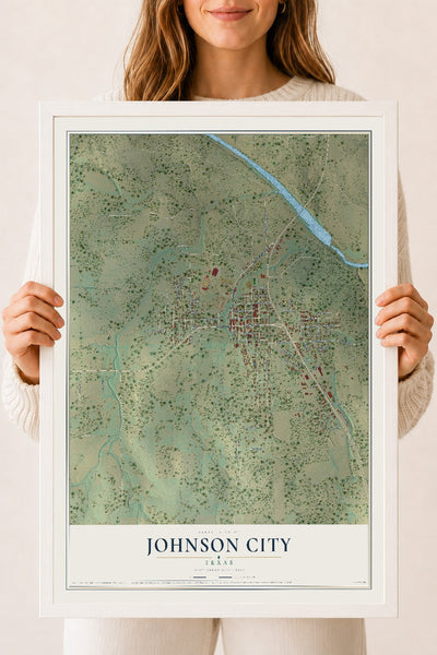 Map of Johnson City, Texas, 18 x 24 inch print in a white wood frame