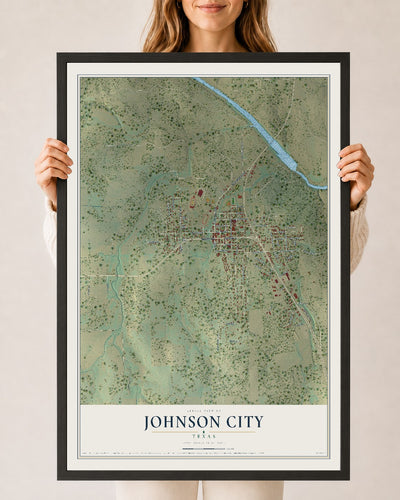 Map of Johnson City, Texas, 24 x 36 inch print in a black wood frame