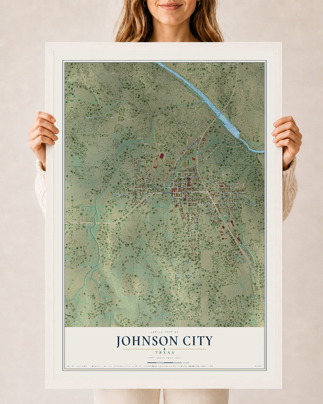 Map of Johnson City, Texas, 24 x 36 inch print in a white wood frame