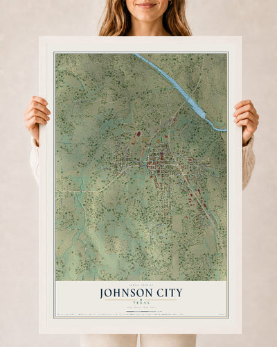 Map of Johnson City, Texas, 24 x 36 inch print in a white wood frame